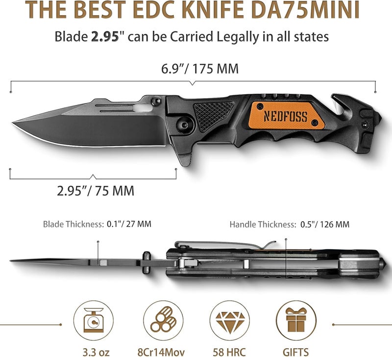 NedFoss Pocket Folding Knife DA75 Mini, 3 in 1 Pocket Knife for Men, 2.95 Inch Survival Knife with Liner-Lock Belt Clip, Seat Belt Cutter, Glass Breaker, Hunting knife for Camping Hiking - Image 5